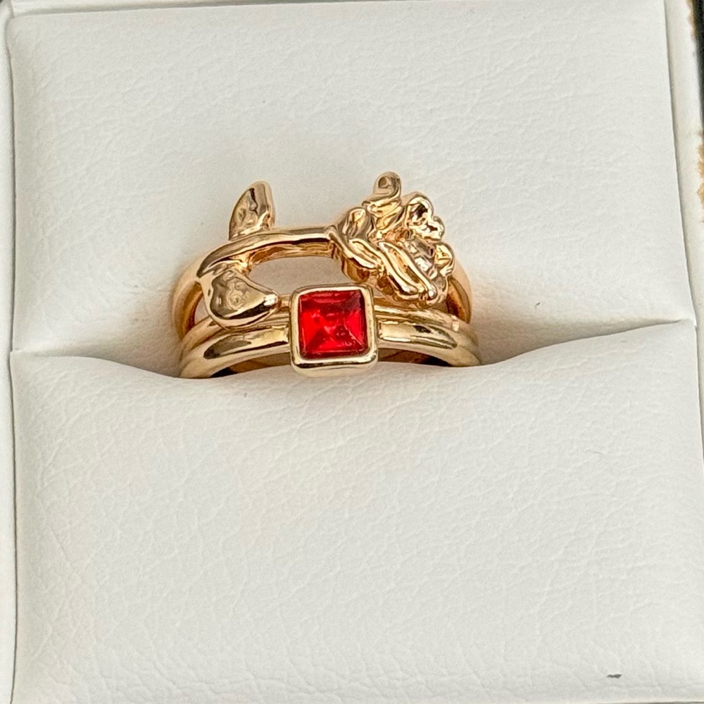 Gold Tone Multi-Band Ring with Red Crystal